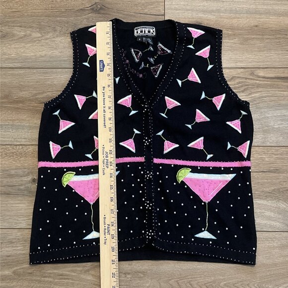 Berek Cosmo Cocktail Sweater Vest SZ Small Button Up Black Pink Martini y2k Vtg - Picture 5 of 10